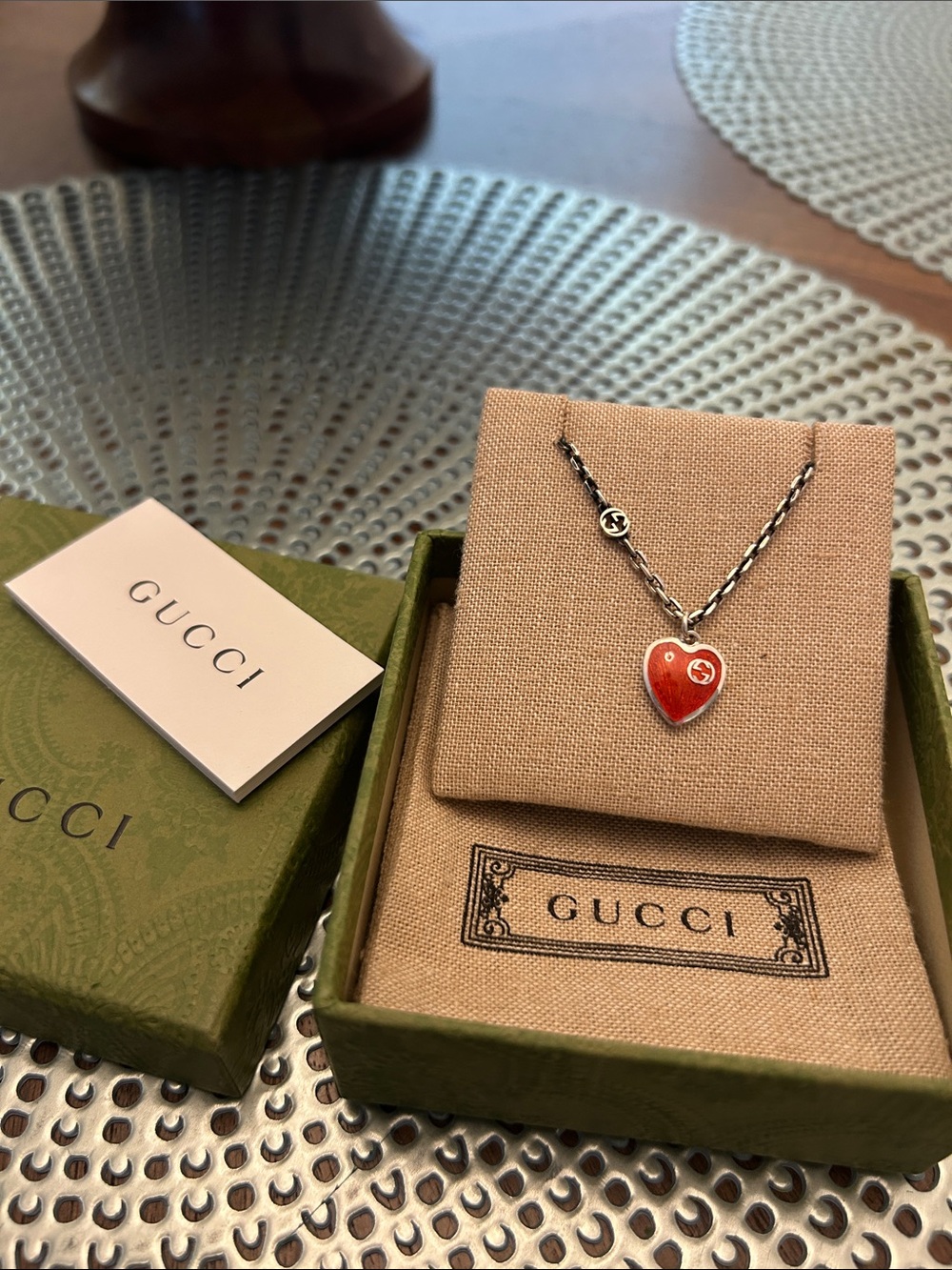 Gucci Red Heart Pendant Necklace with Silver Chain